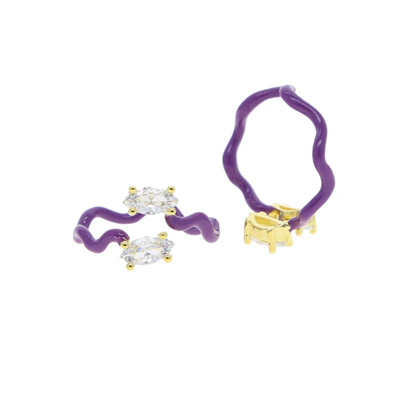 New Women Finger Jewelry Gold Plated Purple Enamel White CZ Wave Band Open Ring Fashion