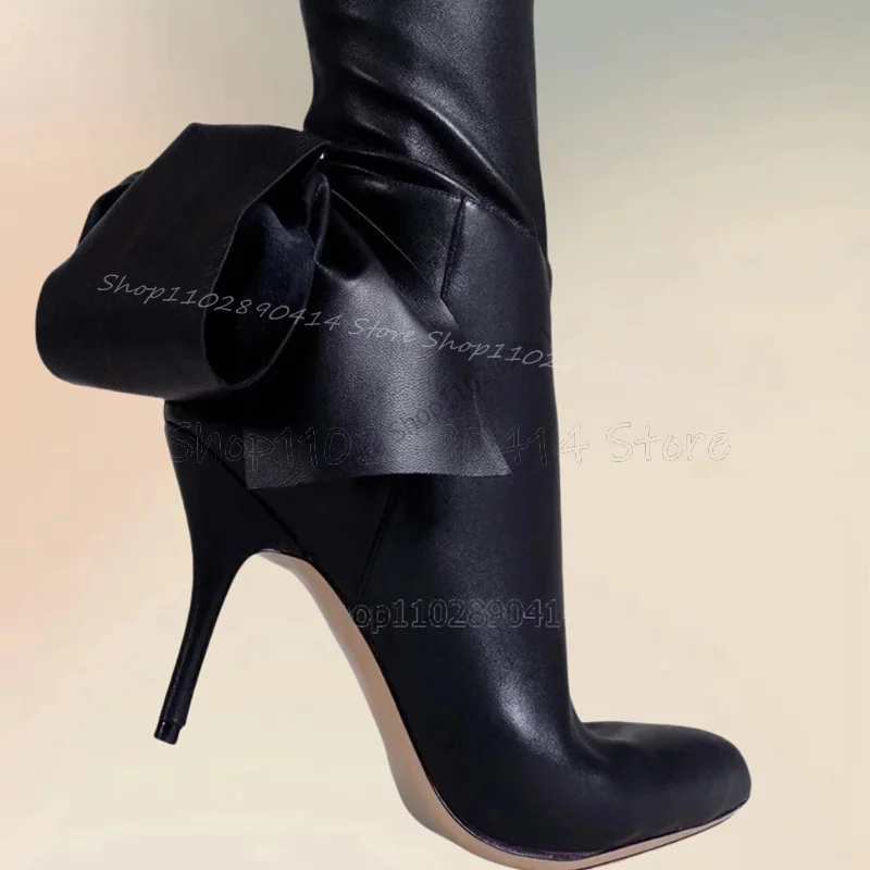 Schwarzer Bogen Knoten eng anliegende spitze Zehen Stiefel Seite Reiß verschluss Frauen Schuhe dünne High Heels Mode Bankett 2024 Zapatos Para Mujere