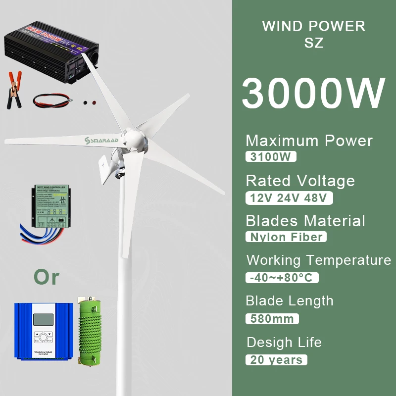 

3000W Horizontal Wind Turbine Generator 12V 24V 48V Powerful Dynamo Free Energy With MPPT Off Grid System Homeuse Windmill