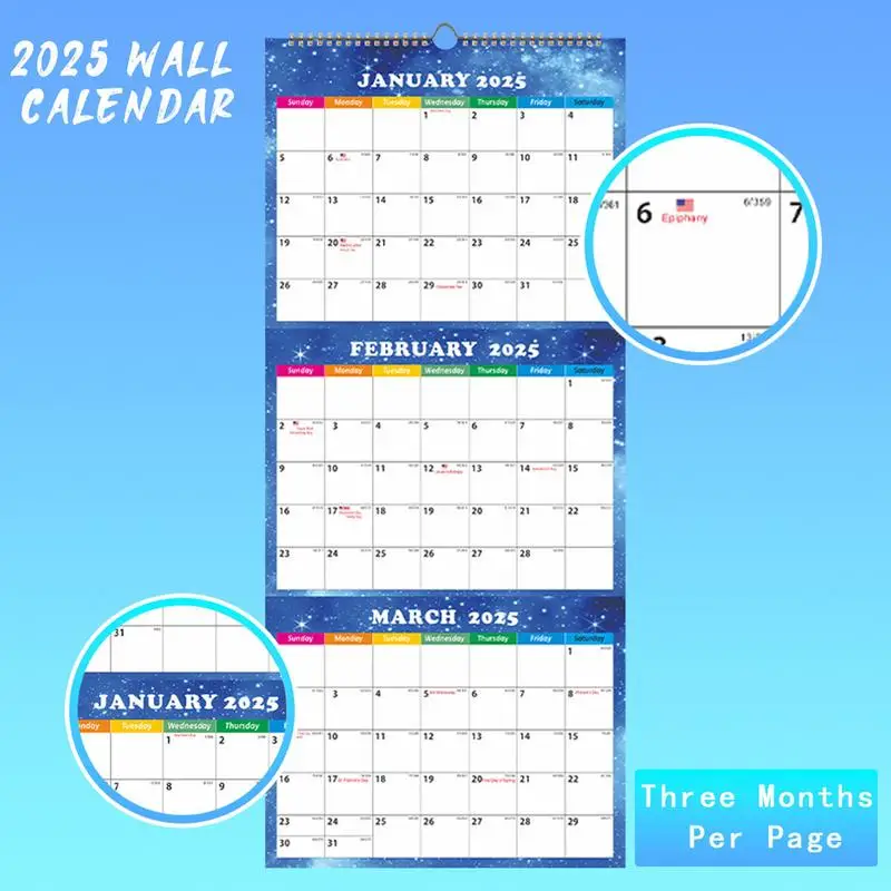 Wandkalender 2025, 3 Monate, 3-Monats-Display, vertikaler Kalender, drei separate Planer, Dezember 2024, Januar 2026, Planer mit