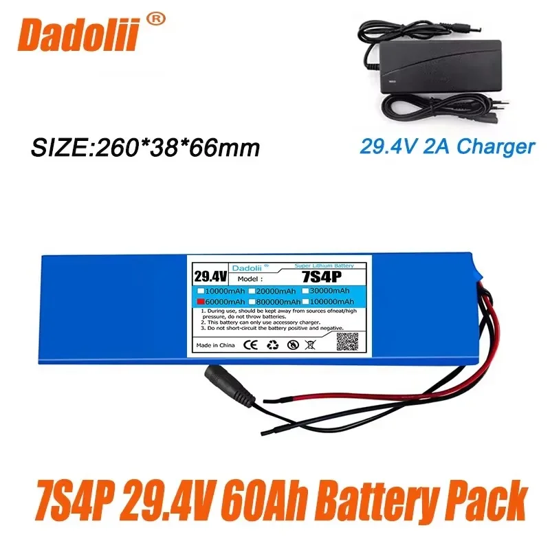 24V 7S4P Rechargeable Lithium 18650 Battery 60Ah Ion Battery Pack for Electric Bicycle Moped Scooter Batteries+29.4V Charger