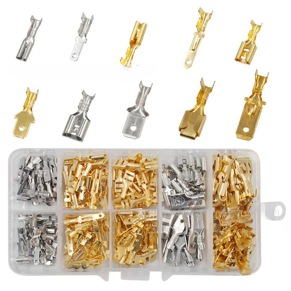 250PCS 2.8/4.8/6.3mm Brass Spade Terminals, Cold Crimp Male Female Quick Disconnect Wire Connectors Assortment