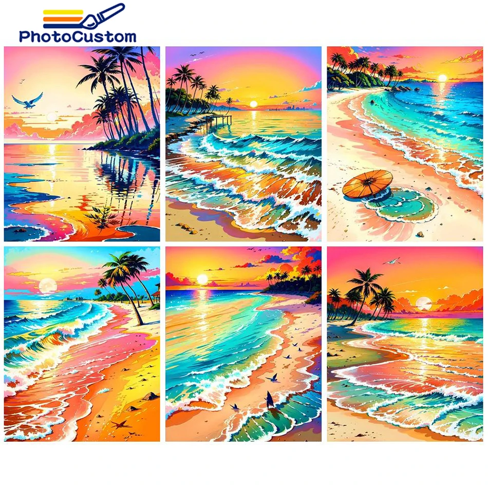 

PhotoCustom Oil Painting By Numbers Kit On Canvas DIY Sunset Beach Acrylic Paint HandPainted Picture Of Coloring By Number Home