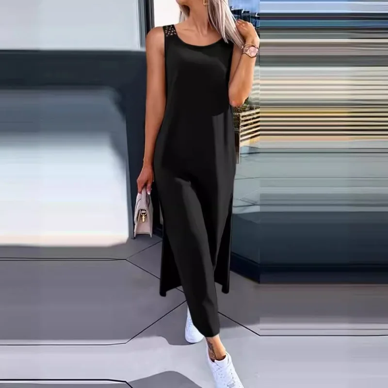 Wydrążona Sukienka Maxi Damska Bez Rękawów z Dekoltem O-neck, Nowa Letnia Dopasowana Sukienka z Rozcięciem, Vestidos Czarna