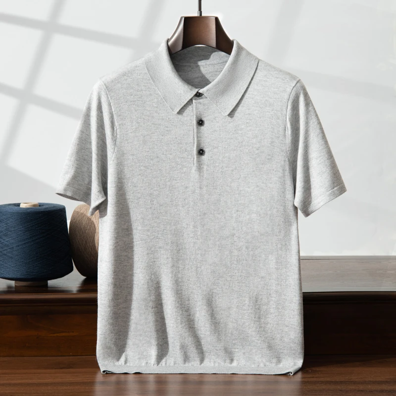 Summer Thin Worsted 85% Mulberry Silk 15% Cashmere T-shirt Men's High-End Short-Sleeve Casual Knit Half-Sleeve PoLo Neck Sweater