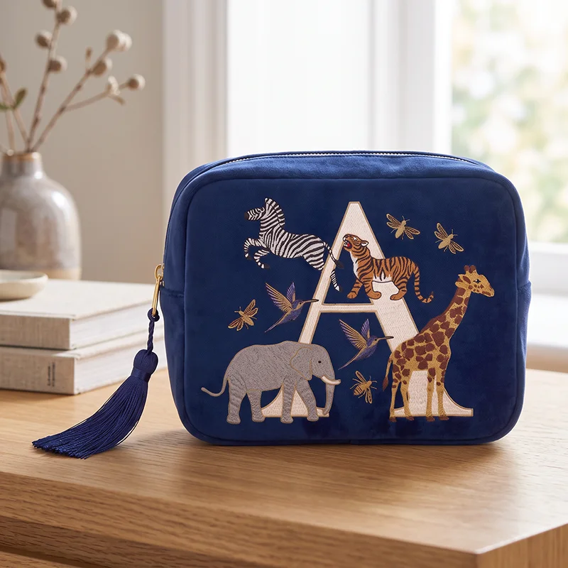 Embroidery Style Makeup Bag Navy Blue Velvet Pouch Vintage Multi Layer Cosmetics Storage Velvet Makeup Bag Travel For Women