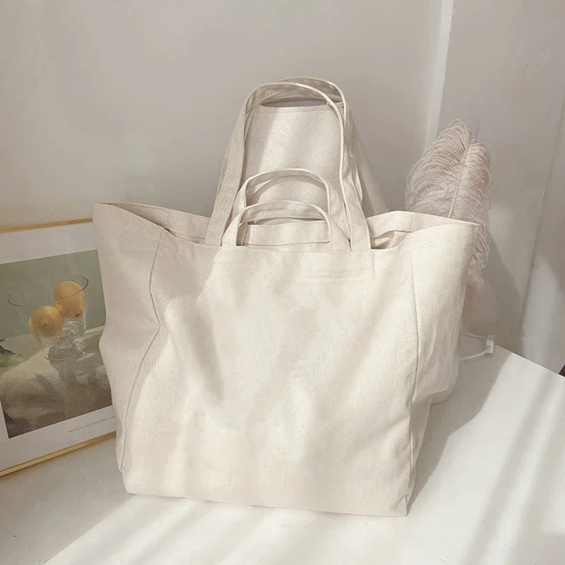 Large Canvas Bag for Women Blank Beige Grocery Tote Shoulder Handbag Female Reusable Shopping Ladies Bag Eco Friendly 2024