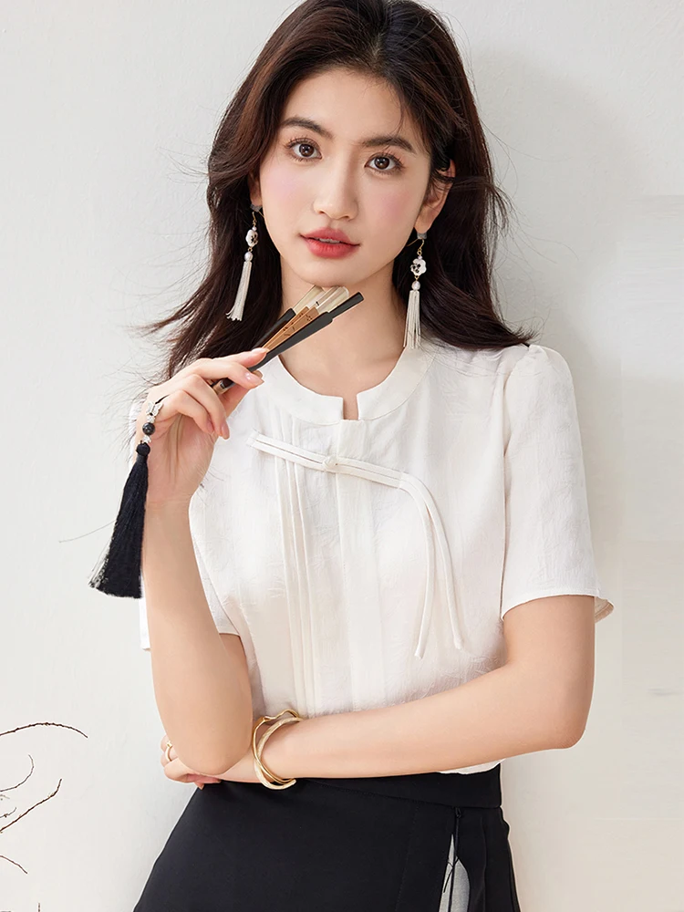 สไตล์จีนใหม่ Jacquard เสื้อผู้หญิง 2025 ฤดูร้อนเสื้อแขนสั้น Chic เสื้อลําลองเสื้ออารมณ์
