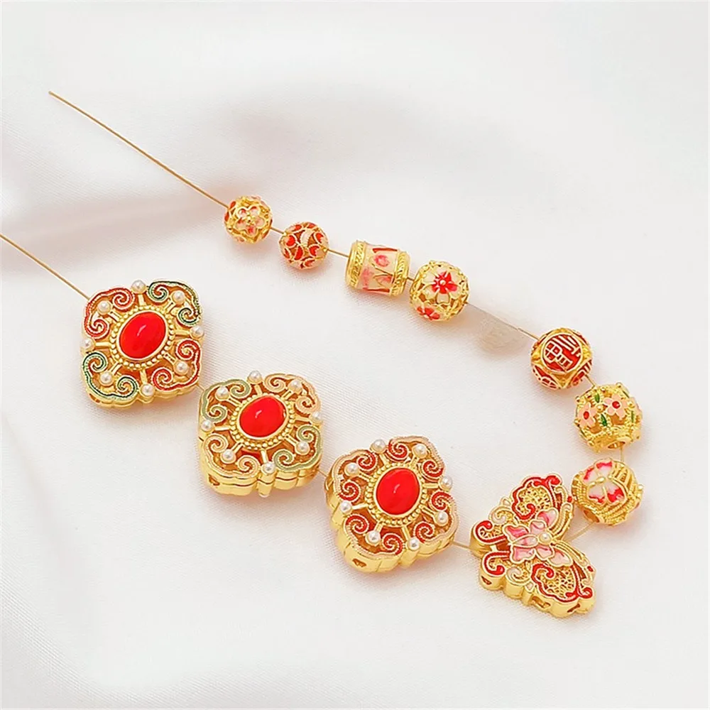 18K Oil-dripping Pink Auspicious Butterfly Hollowed-out Ball Spacer Beads Handcrafted Diy Classical Elegant Hanfu Accessories