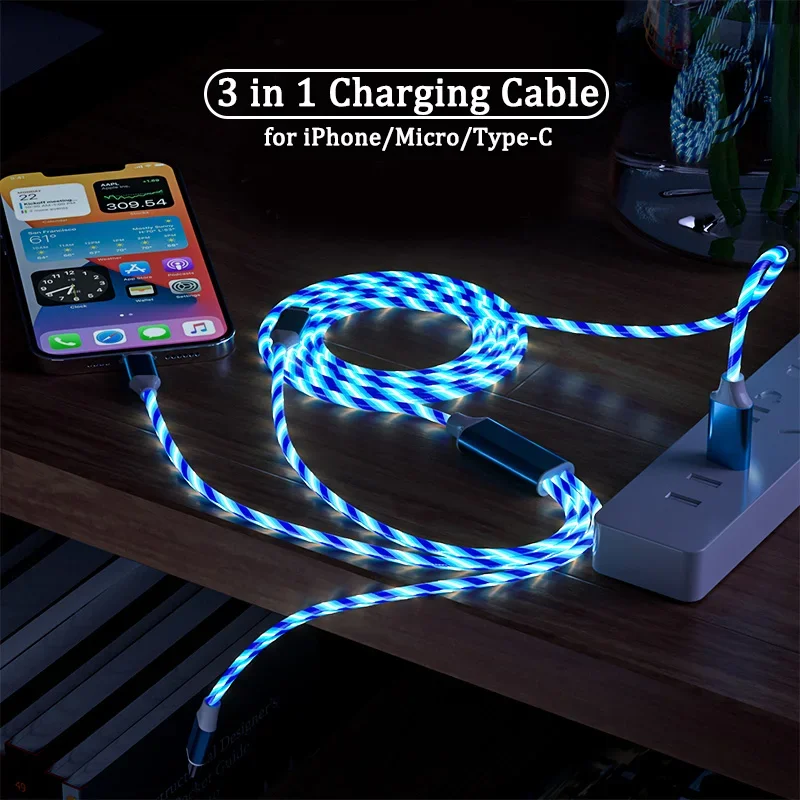 3-IN-1 Streamer Charging Cable Suitable for iPhone Android TypeC Mobile Phone One Split Three Growing LED Fast Charging Luminous image 4