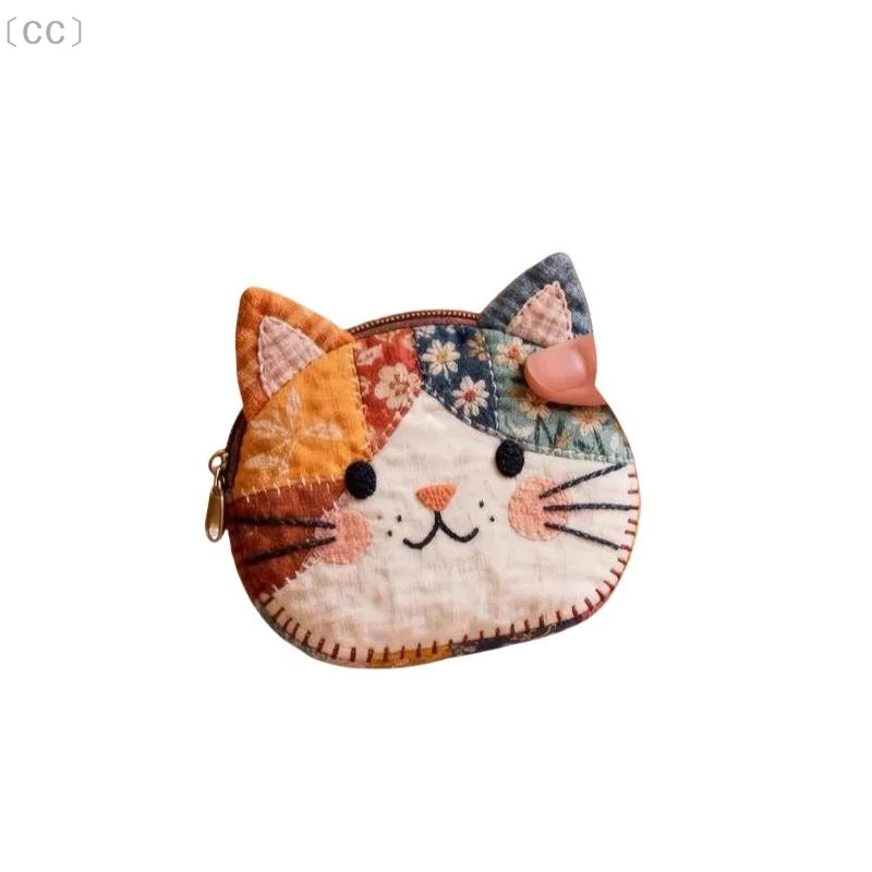 〔CC〕Lady's Cat-Shaped Coin Purse Handmade Patchwork Soft Cotton Small Wallet for Lipstick Keys Daily Commute Use〔88〕