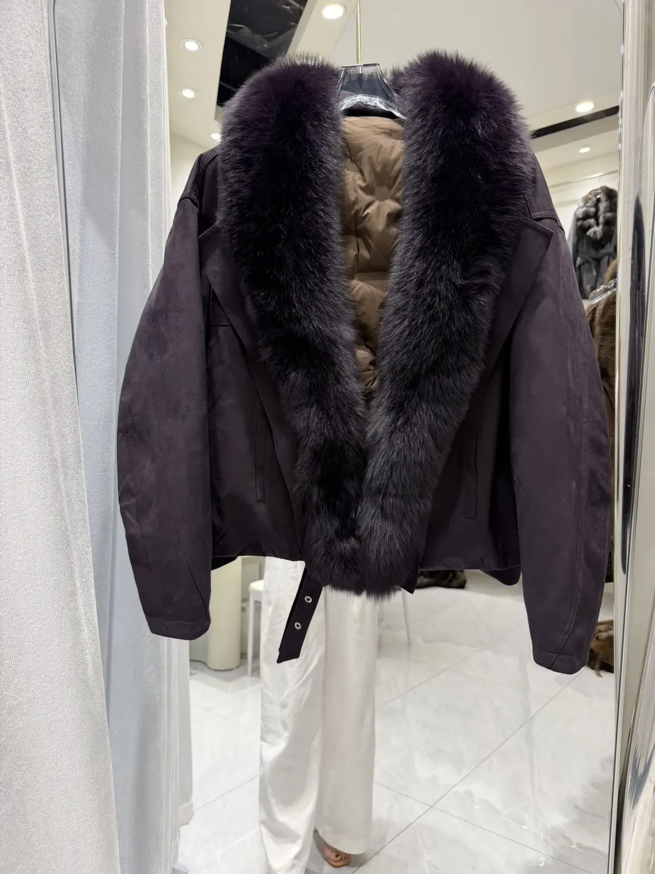 OFTBUY Large Real Fox Fur Collar White Duck Down Coat Women Jacket Winter Warm Thick Belt Detail Fashion Outerwear
