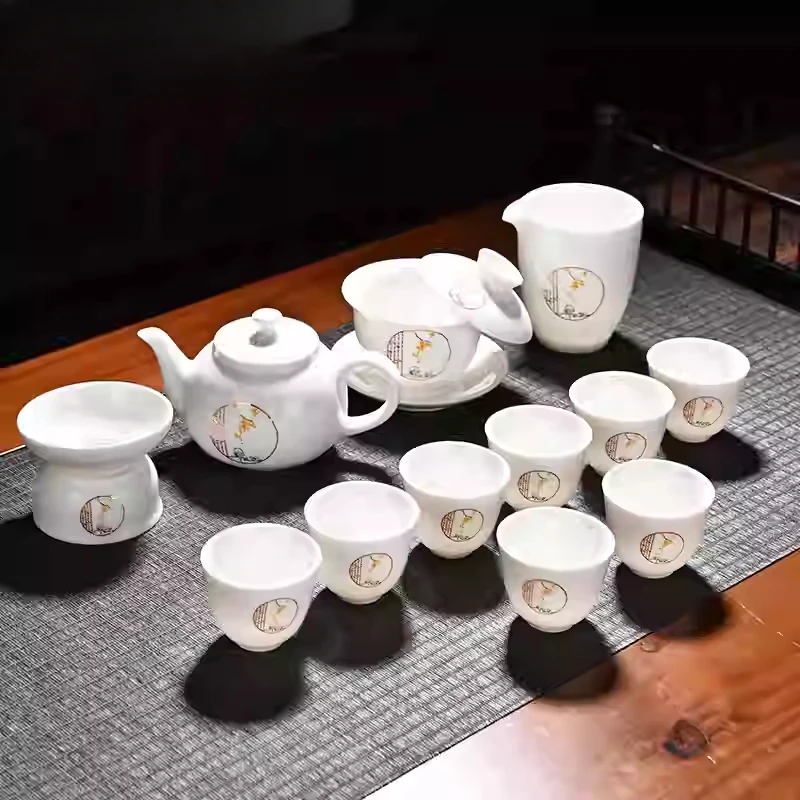 

Goat Jade Tea Set Kung Fu Set Chinese Light Luxury Tea Calendars Teacups Office White Porcelain Teapot Covered Bowl Set