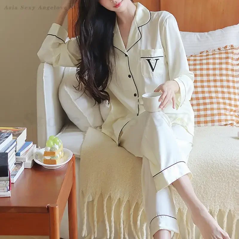 

Long Sleeve Pajamas 2PCS Set Women Spring Autumn New Sleepwear Loungewear Fashion Casual Pyjama Pour Femme Loose Satin Homewear