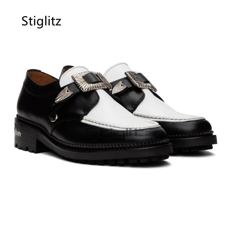 Black Round Toe Metal Buckle Men\'s Shoes Retro Casual Business Dress Man Shoes Slip-On Genuine Leather Comfortable Loafers