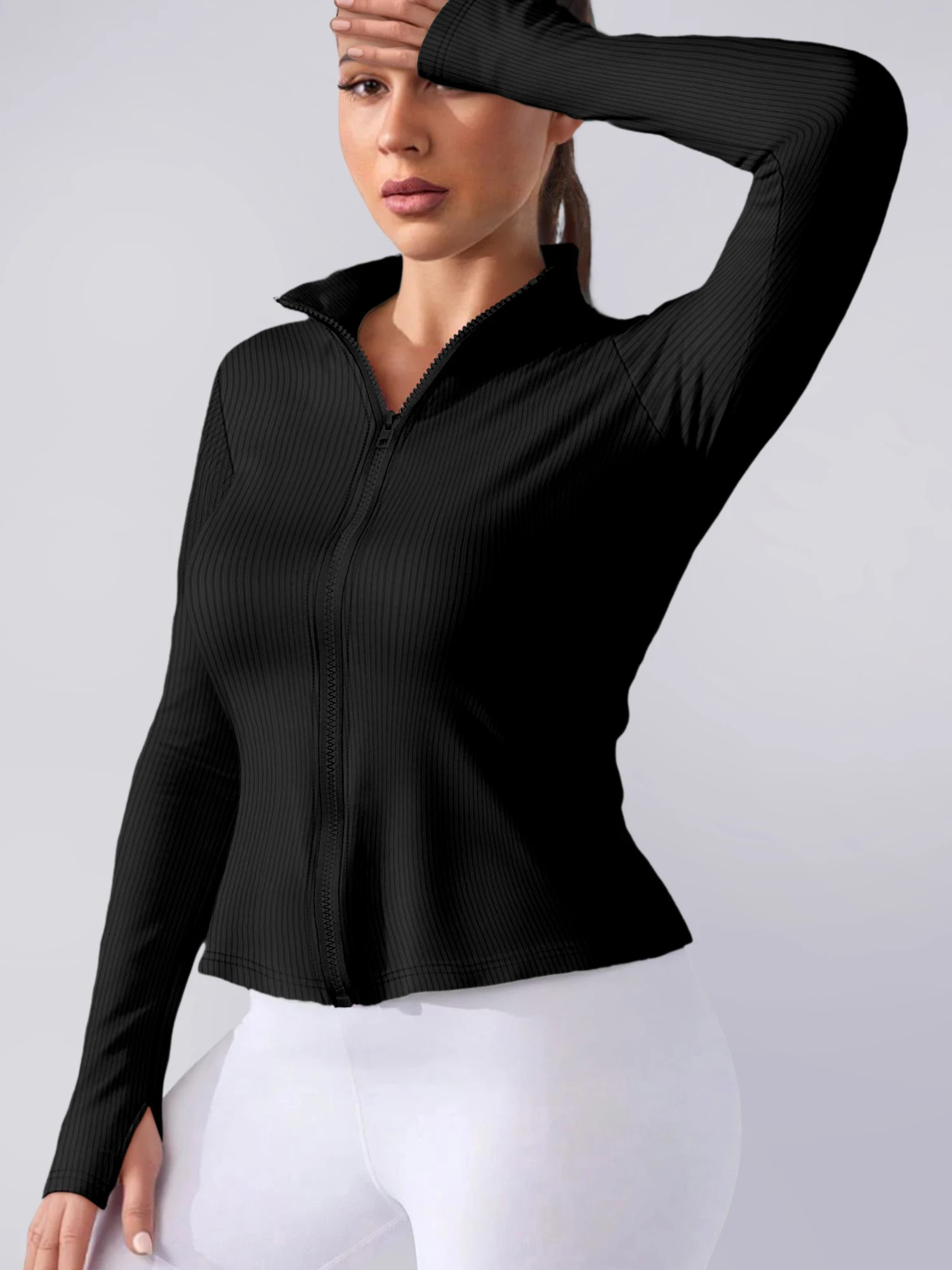 Y2K Clean Aesthetic Women Slim Rib Crop Zip Top Full Zipper Long Sleeve Solid Casual Yoga Outer Jacket