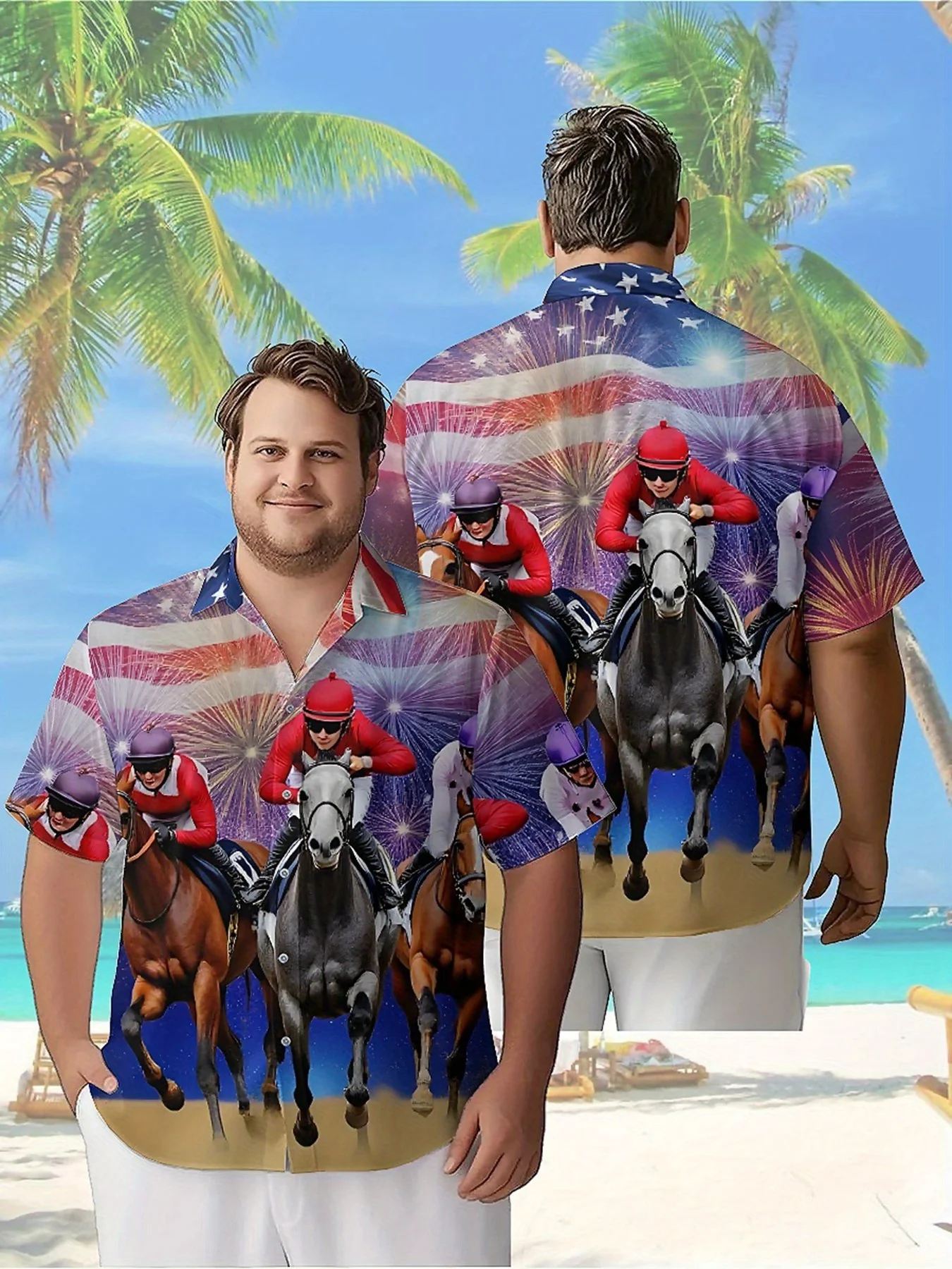 

Men's Plus Size Hawaiian Shirts American Flag Theme Horse Racing Pattern, Button Up Shirts, Unisex Casual Clothing, Summer Tops