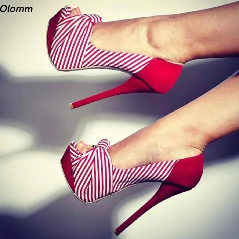 

Olomm Women Platform Pumps Stiletto High Heels Pumps Butterfly Knot Peep Toe Black Red Striped Shoes Women Plus US Size 5-15