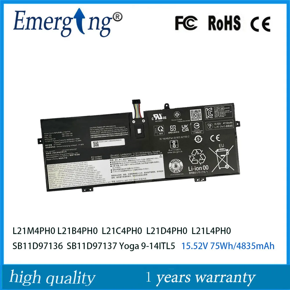 

L21M4PH0 L21B4PH0 L21C4PH0 L21D4PH0 L21L4PH0 Battery For Lenovo Yoga 9-14ITL5 SB11D97136 SB11D97137 15.52V 75Wh
