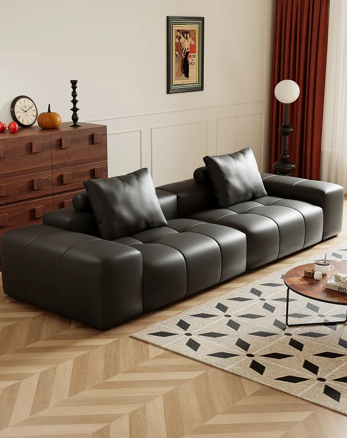 AL- 2024 Contemporary Luxury Modern Sofa Modular Genuine Leather Sofa Set Living Room Furniture Italian Leather Sofa Black%