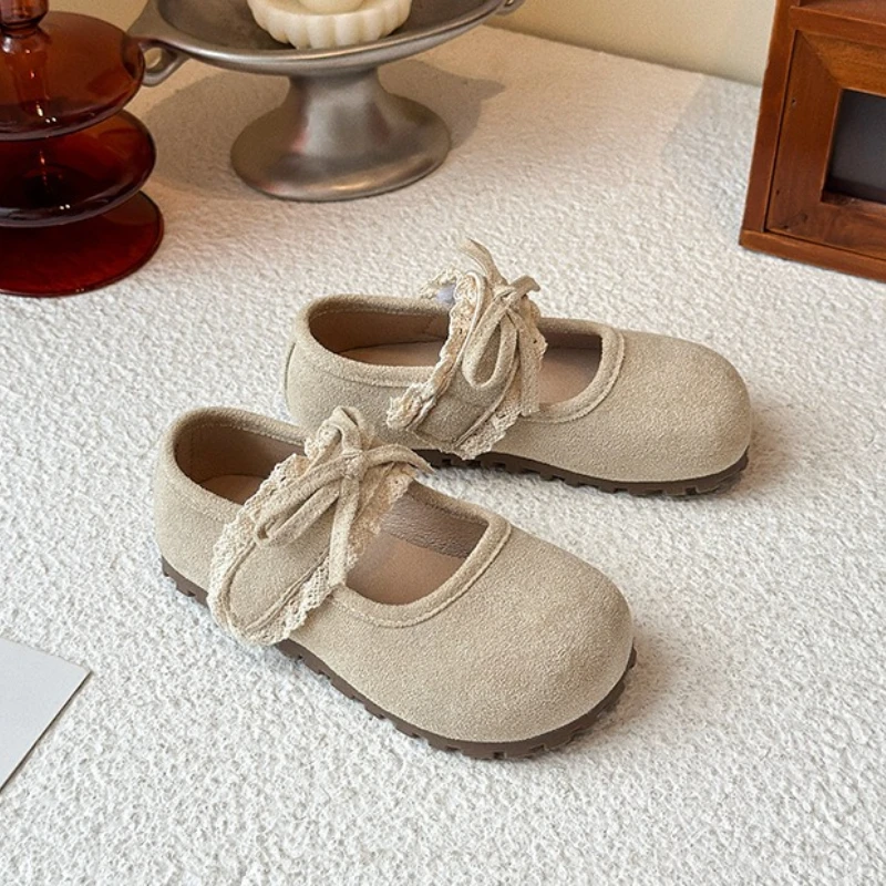2026 Spring New Lace Girls' Princess Shoes Retro Versatile Bow Kids Leather Shoes Comfort Non Slip Girls' Flat Casual Shoe
