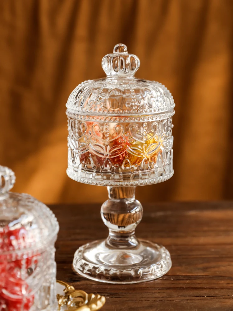 Creative Crown Relief Glass Jar Jewelry Box with Lid High Bowl Exquisite Home Decoration Candy Box Storage Jar Dried Fruit Box