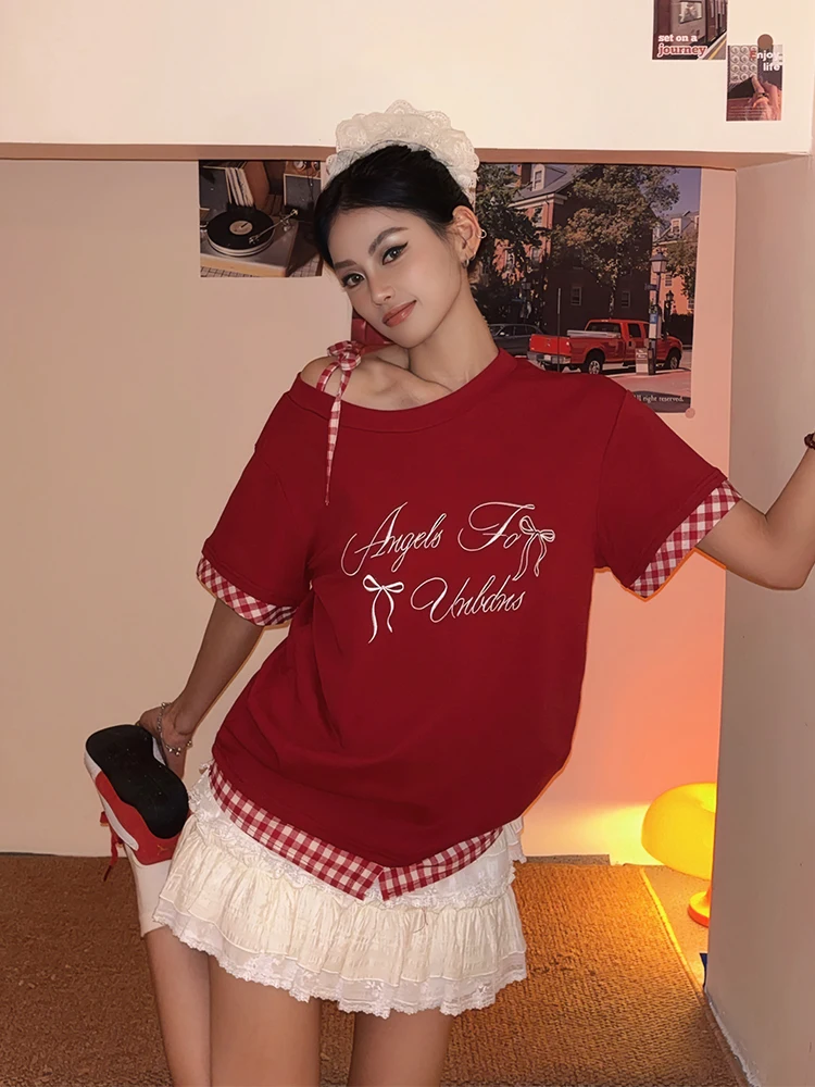 

Ретро-красный топ с вышивкой в клетку, женский летний топ с открытыми плечами, с поясом, свободного кроя, в уличном стиле...