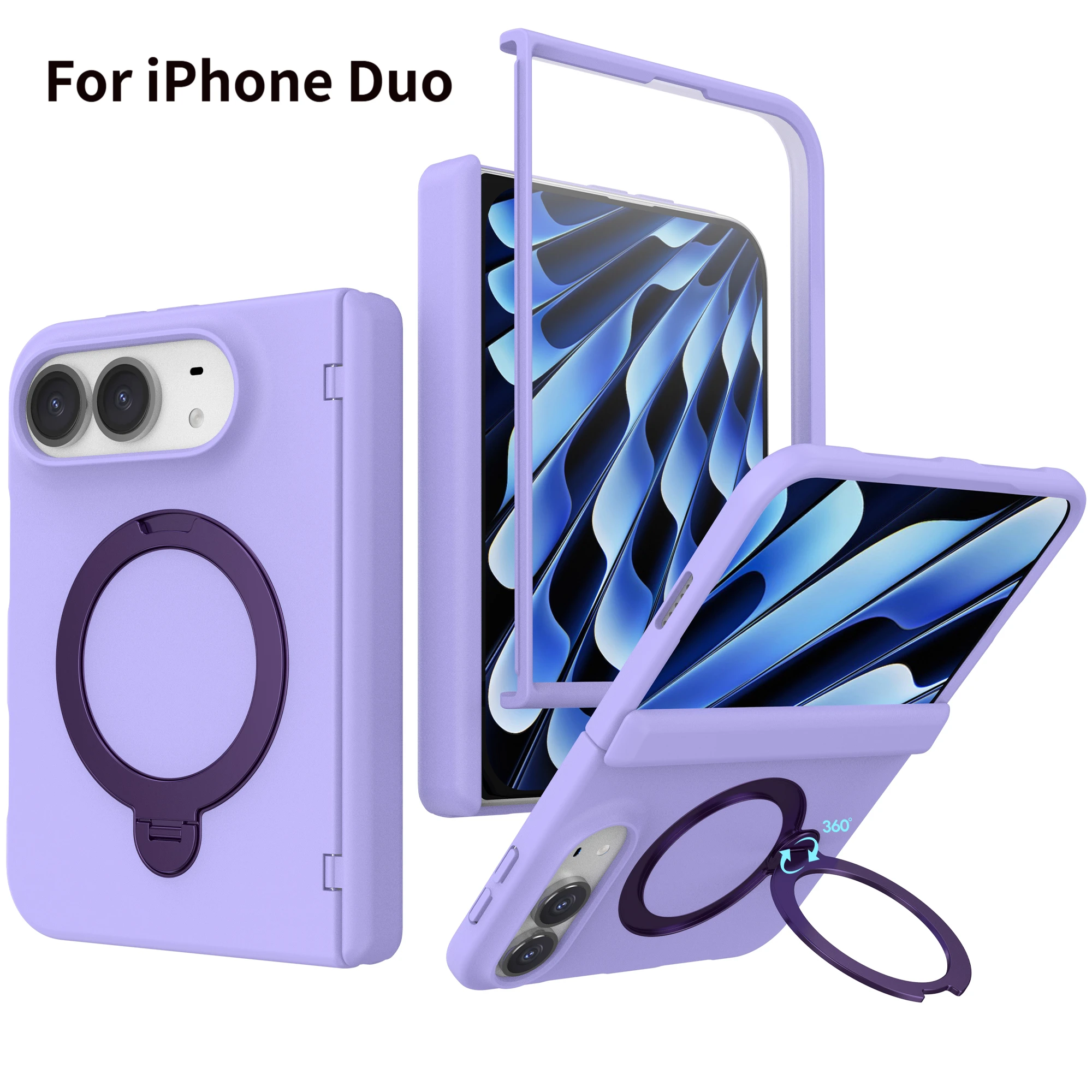 Full Body Protective Magnetic Foldable Phone Shell For iPhone Duo Built-in Hinge Cover 360° Rotatable Ring Kickstand Anti-drop C