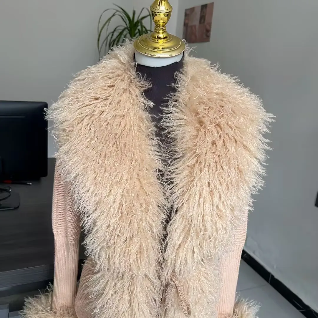 Damen Strick-Kunstpelz-Cardigan Frühling Herbst Elegante Damenmode Kunstpelzmantel Gestrickter Pullover mit Kunstfuchspelzkragen – Detail 18