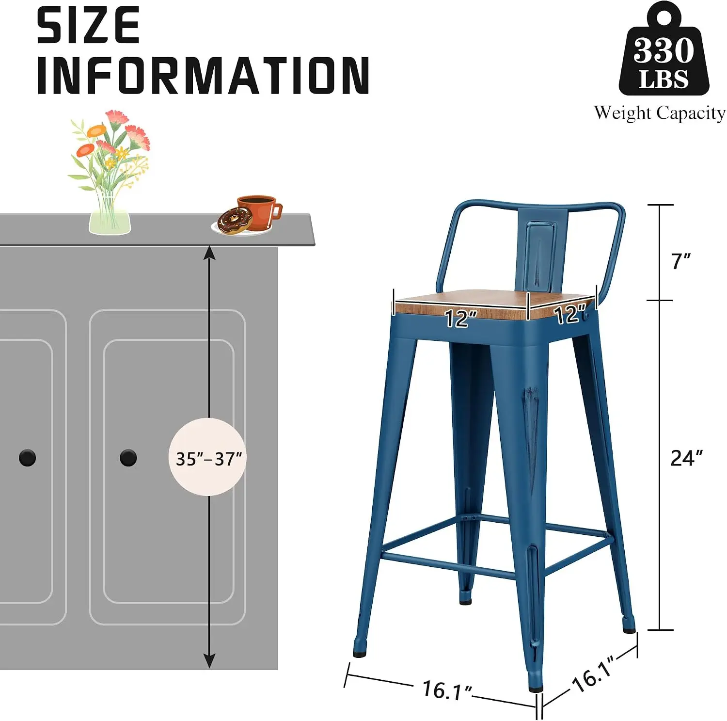 24" Metal Bar Stools Set of 4 Counter Height Barstools, Industrial Counter Stool Kitchen Bar Chairs with Modern Wooden Seat, Dis view 2