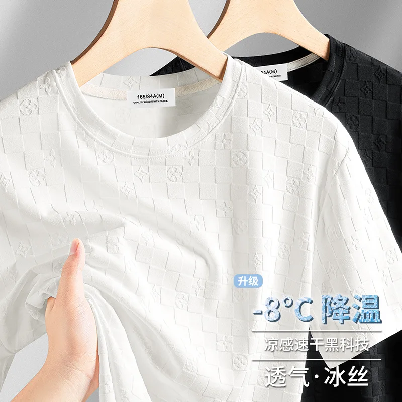 High-End Plaid Youth Ice Silk Short-Sleeve T-Shirt For Men, 2026 Summer New Style, Light Luxury And Elegant Half-Sleeve Top