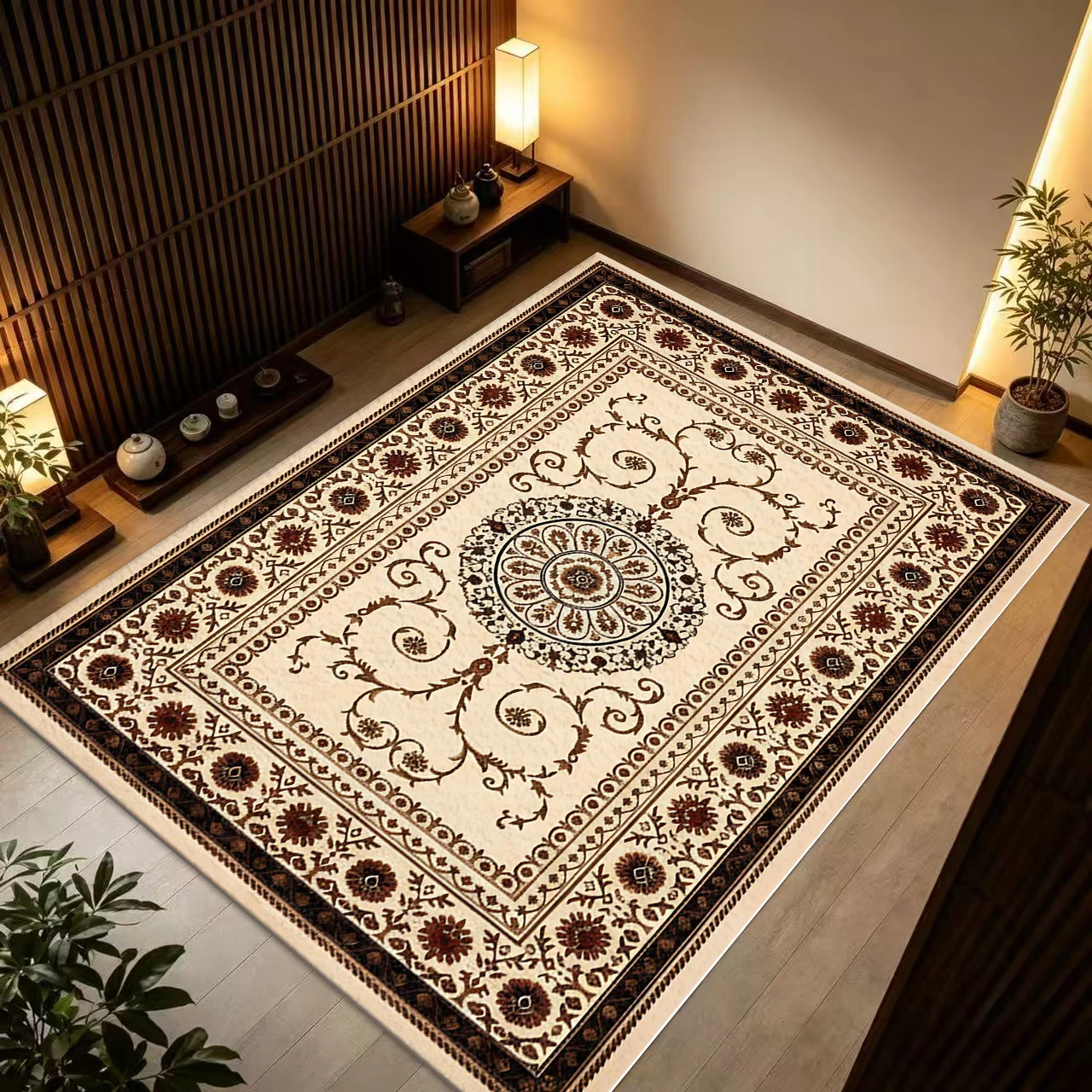 Cream Brown European Classical Floral Square Area Rug Non‑Slip Ornate Floor Carpet for Living Room Bedroom Home Decor