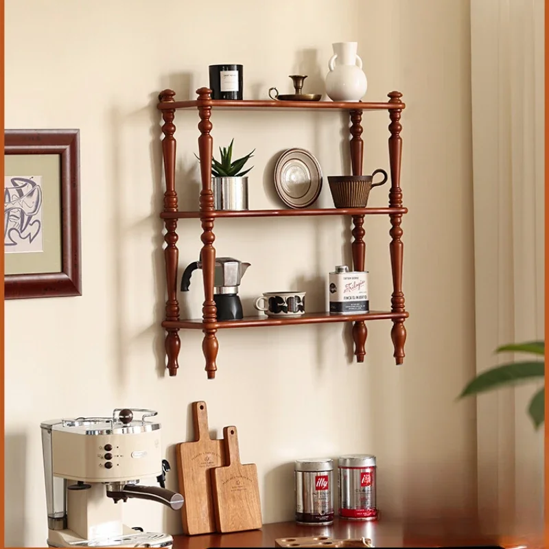 Vintage living room storage rack, wall mounted partition, bookshelf, solid wood cup holder, kitchen