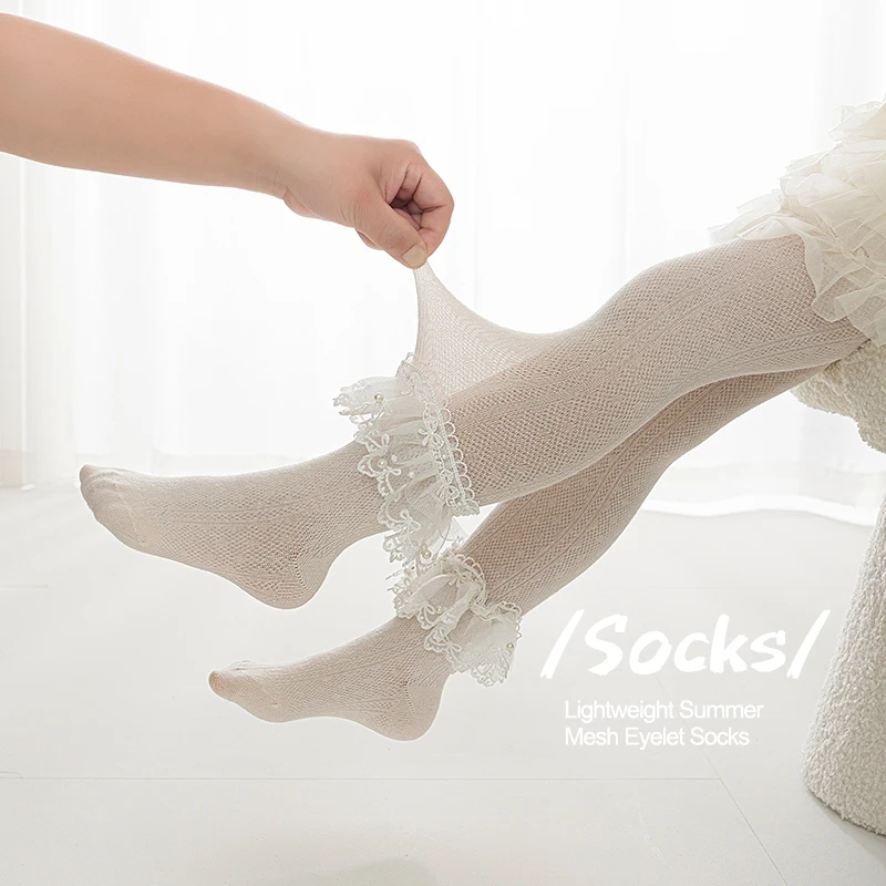 Cute Kids Footed Pantyhose Embroidery Bow Pearl Large Lace Frill Edge Soft Stretchy Skin-Friendly Sweet Tights Summer Daily Wear
