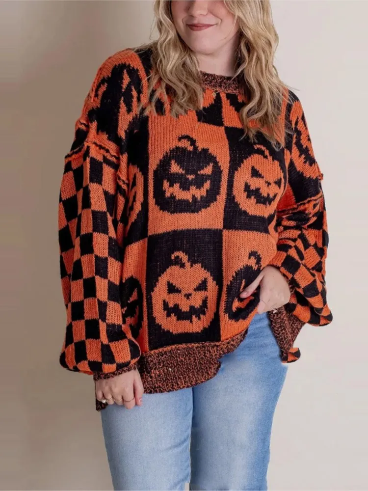 

Fashion O-neck Long-sleeved Sweater For Women Elegant Autumn Winter Loose Halloween Splicing Casual Knitted Sweaters Female