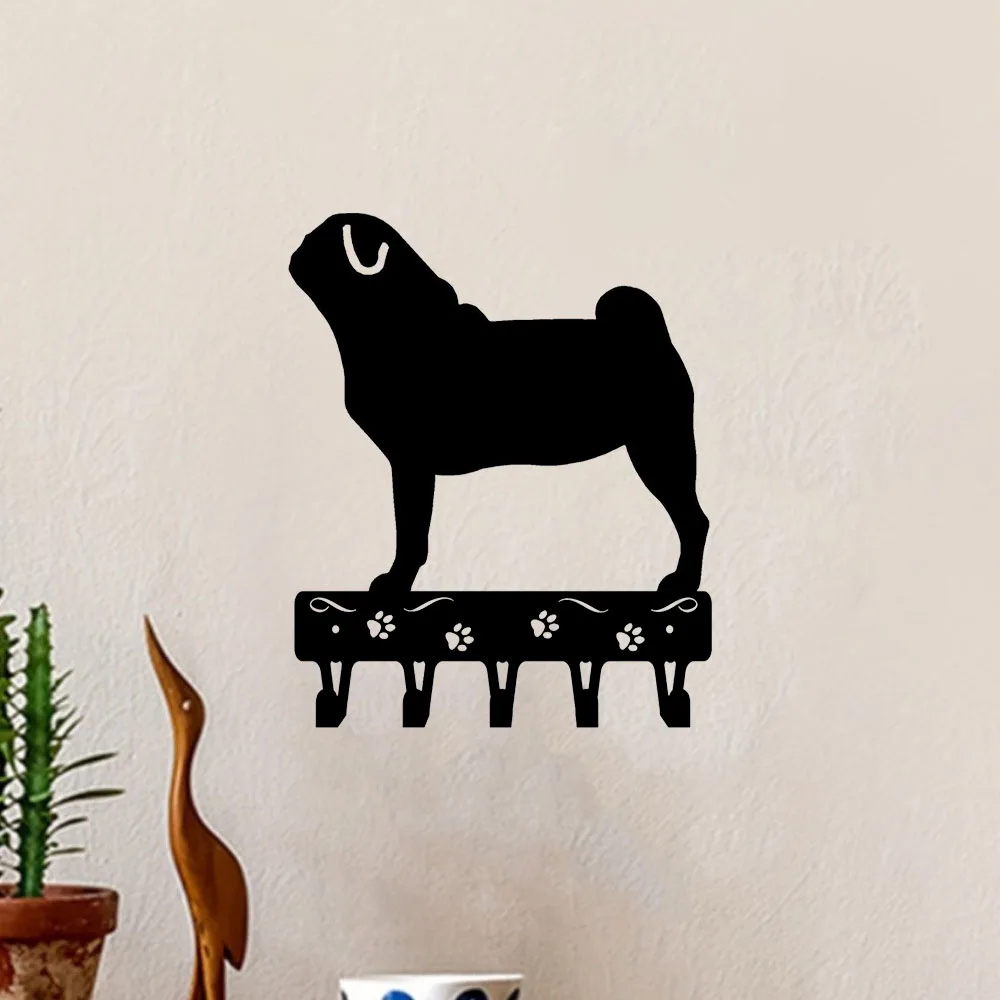 CIFbuy Pug Dog Metal Wall Art Key Holder with Iron Hooks Wall Mounted Keychain Rack for Home Entryway Decor Rustic Wall Sticker