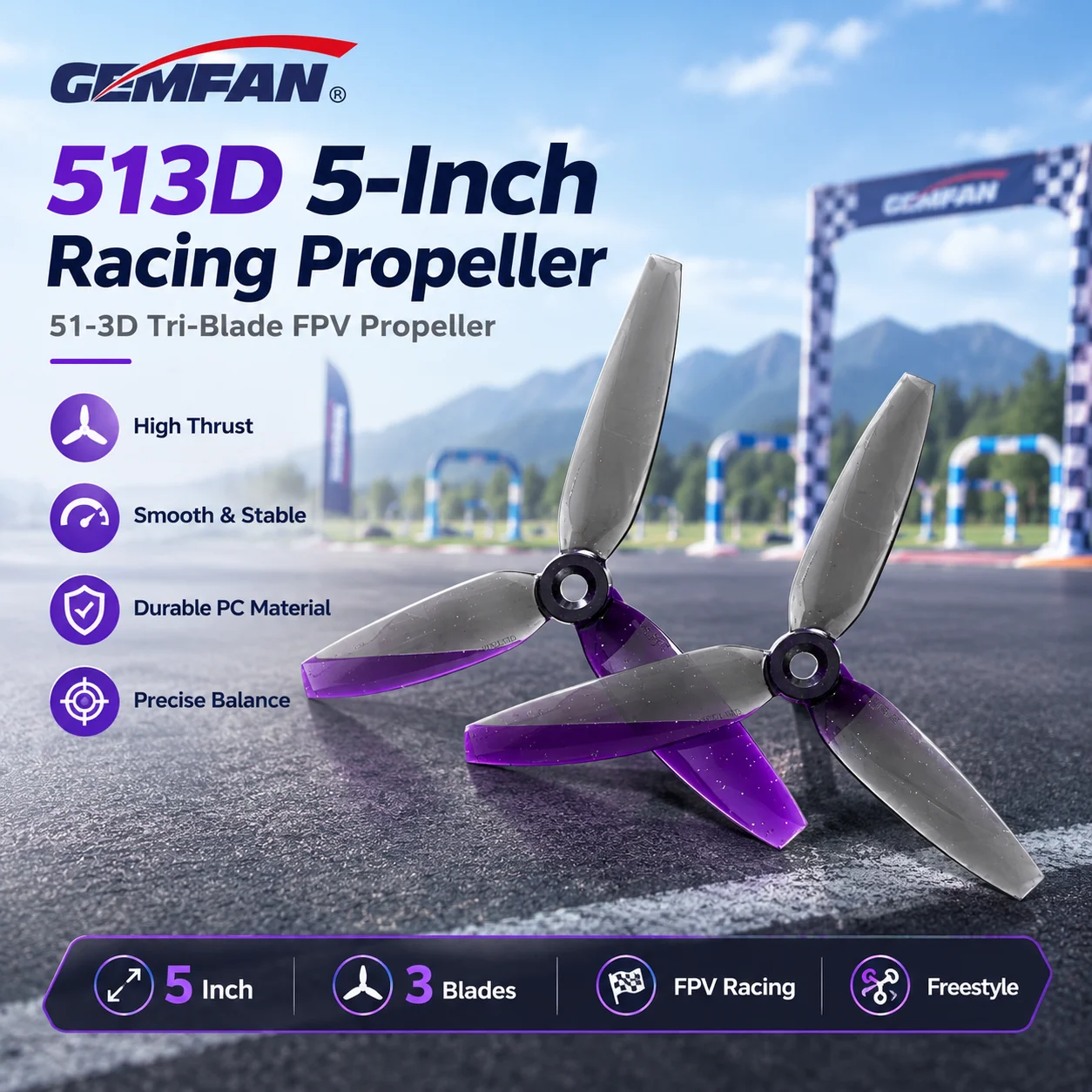 Gemfan 513D 5.1 Inch 3-Blade PC Propeller CW CCW 5mm for 5