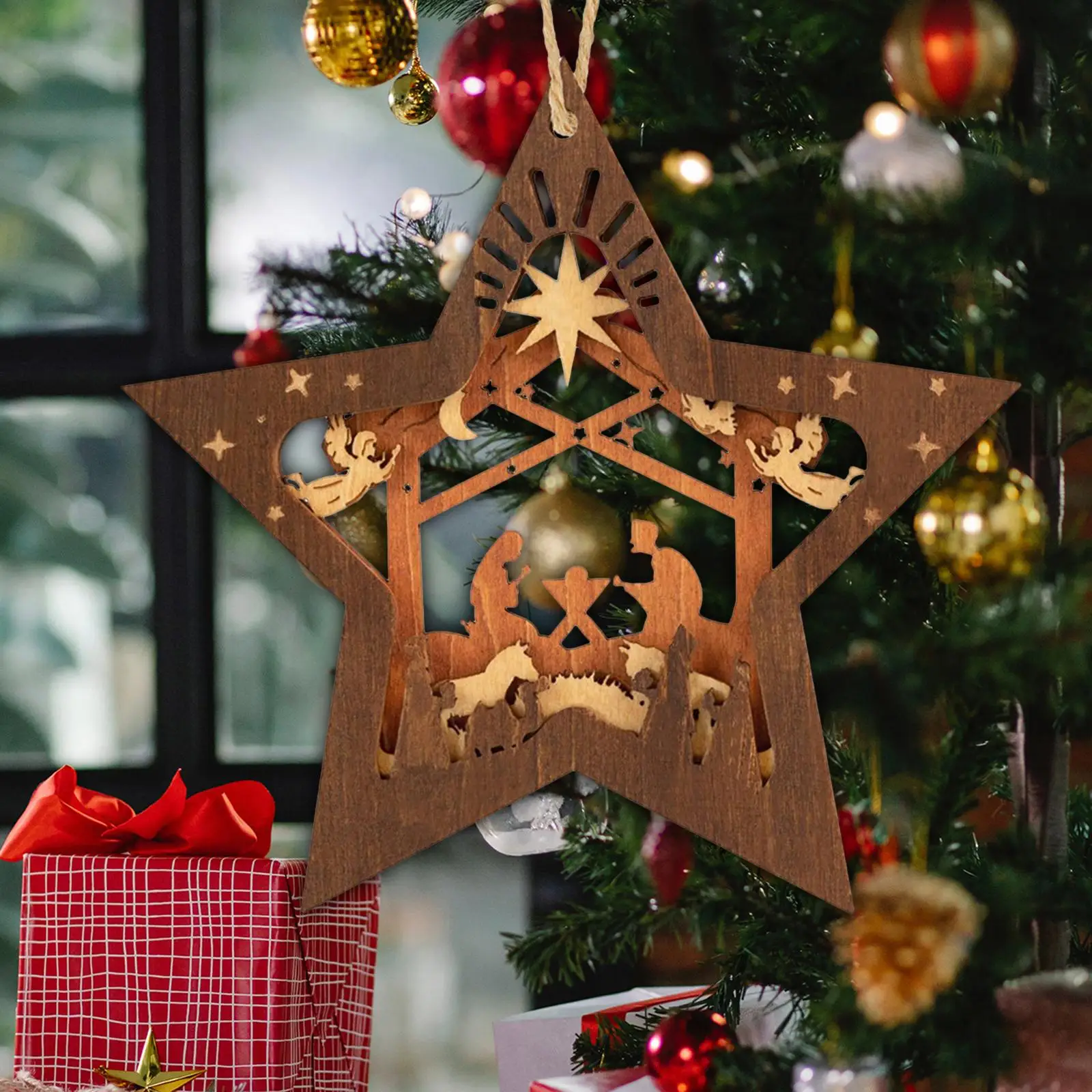 Christmas Nativity Scene Ornaments Christmas Tree Decorations Wood Hanging Christian Ornaments for Indoor Shelves Family Tables