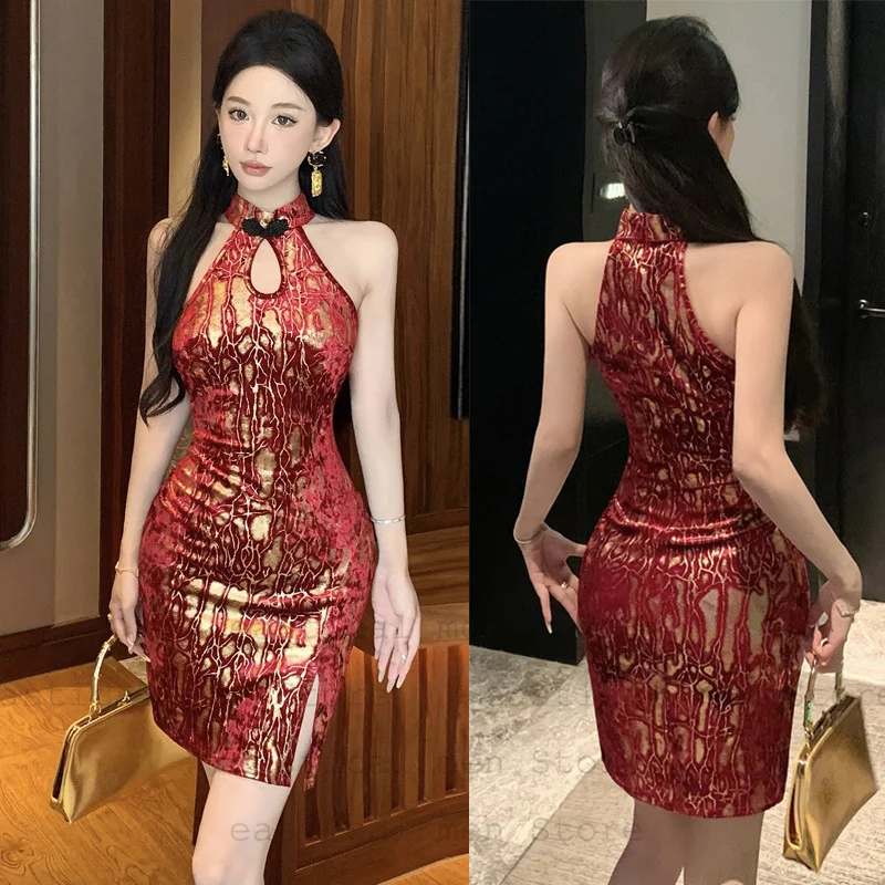 

Red Vintage Chinese Dress Short Mini Qipao Spring Festival Party Wear Lady Sexy Sleeveless Cheongsam Soft Velour Vestidos
