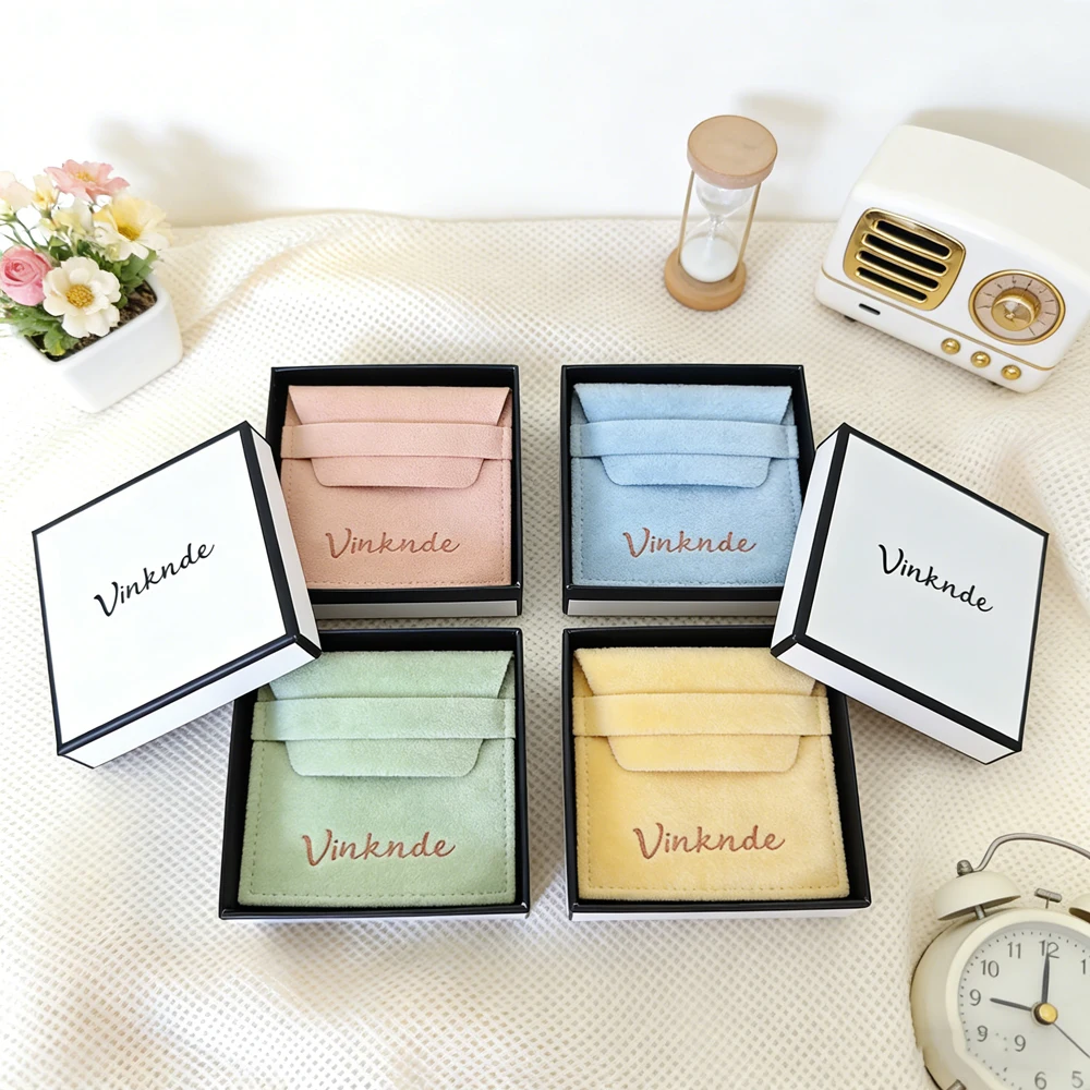 

Earrings Rings Boxes Custom Logo 24/50/100pcs Paper Jewelry Lid Box With Microfiber Velvet Envelope Flap Pouch Necklace Storage