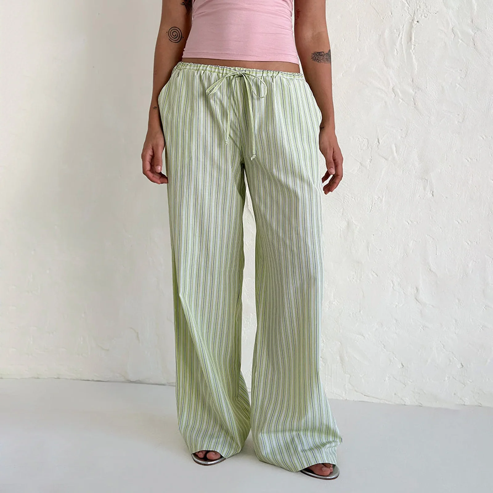 Women's Casual Straight Pants Elastic Waist Tie Front Striped Print Boxer Wide Leg Pants Lounge Trousers Sleep Bottoms