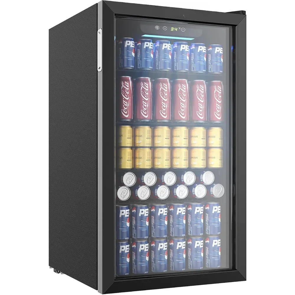 Wine Fridge with Glass Door, 126 Can Mini Fridge and Adjustable Shelves, Freestanding Wine Cooler