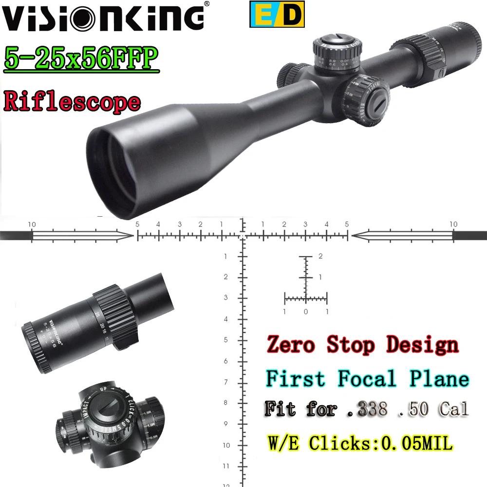 Visionking Zero Stop 5-25x56 Hunting Riflescope ED Lens 34mm Tube 0.05Mard Illuminated Long Range Sniper FFP Optical Sight .50
