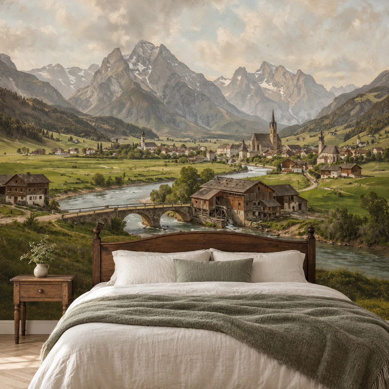 Mountain Wallpaper Mural Rustic Alpine Village River Landscape Living Room Bedroom Wall Decor Non Self Adhesive European Country