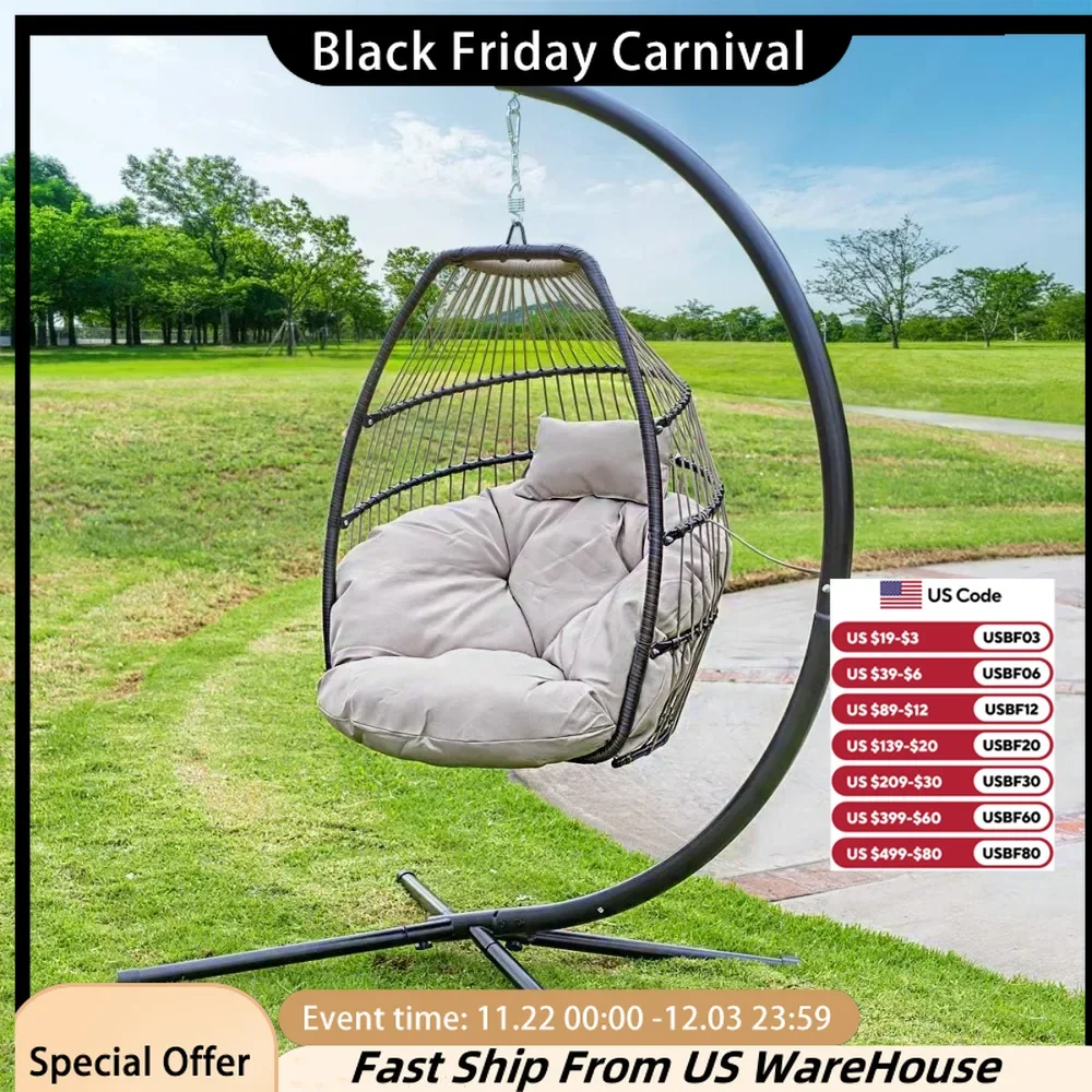 

Hanging Egg Chair with Stand w/Deep Cushion Soft Relaxing Luxury Outdoor Indoor Patio Bedroom Hanging Swinging, Patio Swing