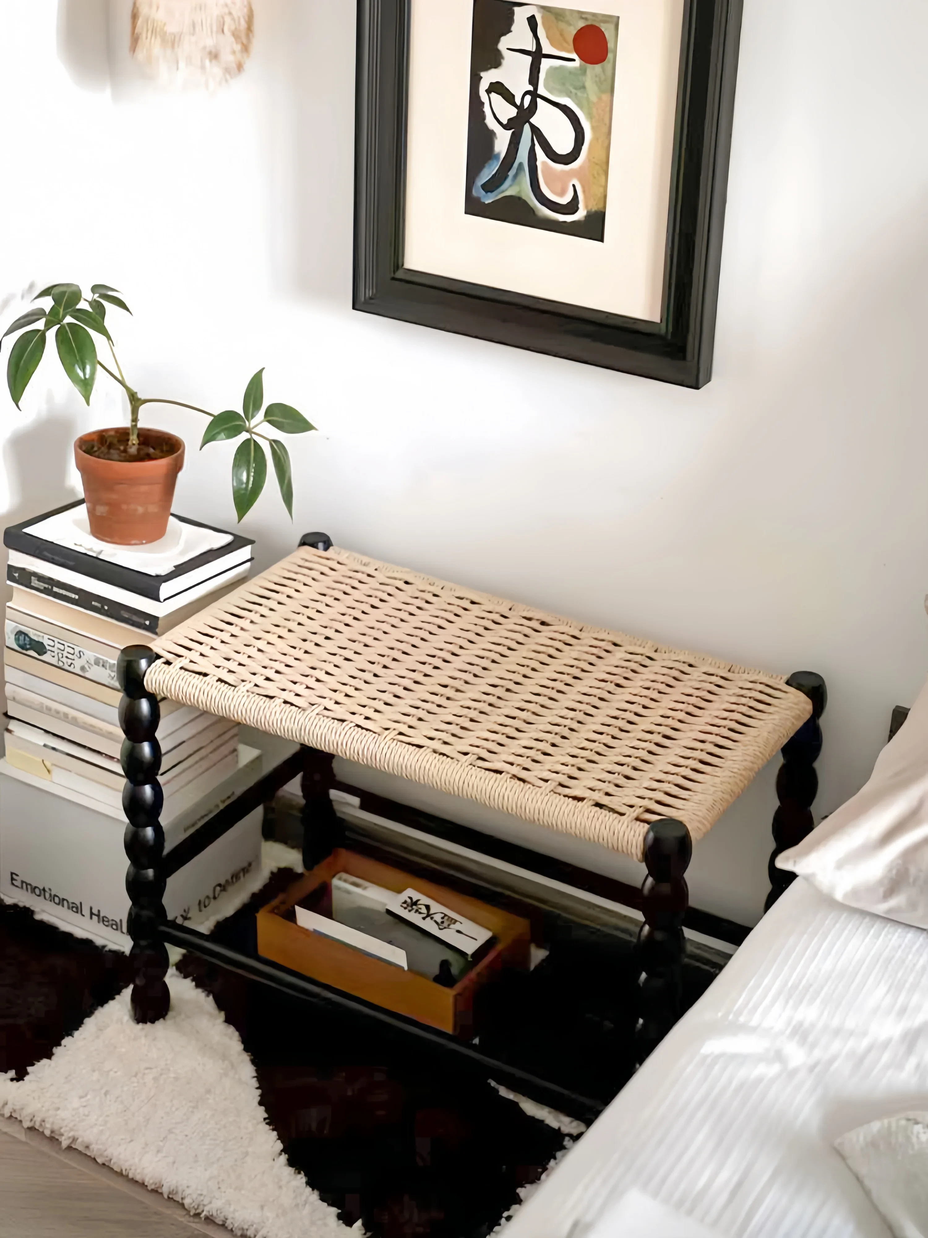 

French Vintage Weave Solid Wood Low Stool Home Sofa Bedroom Dressing Bed Long Stool
