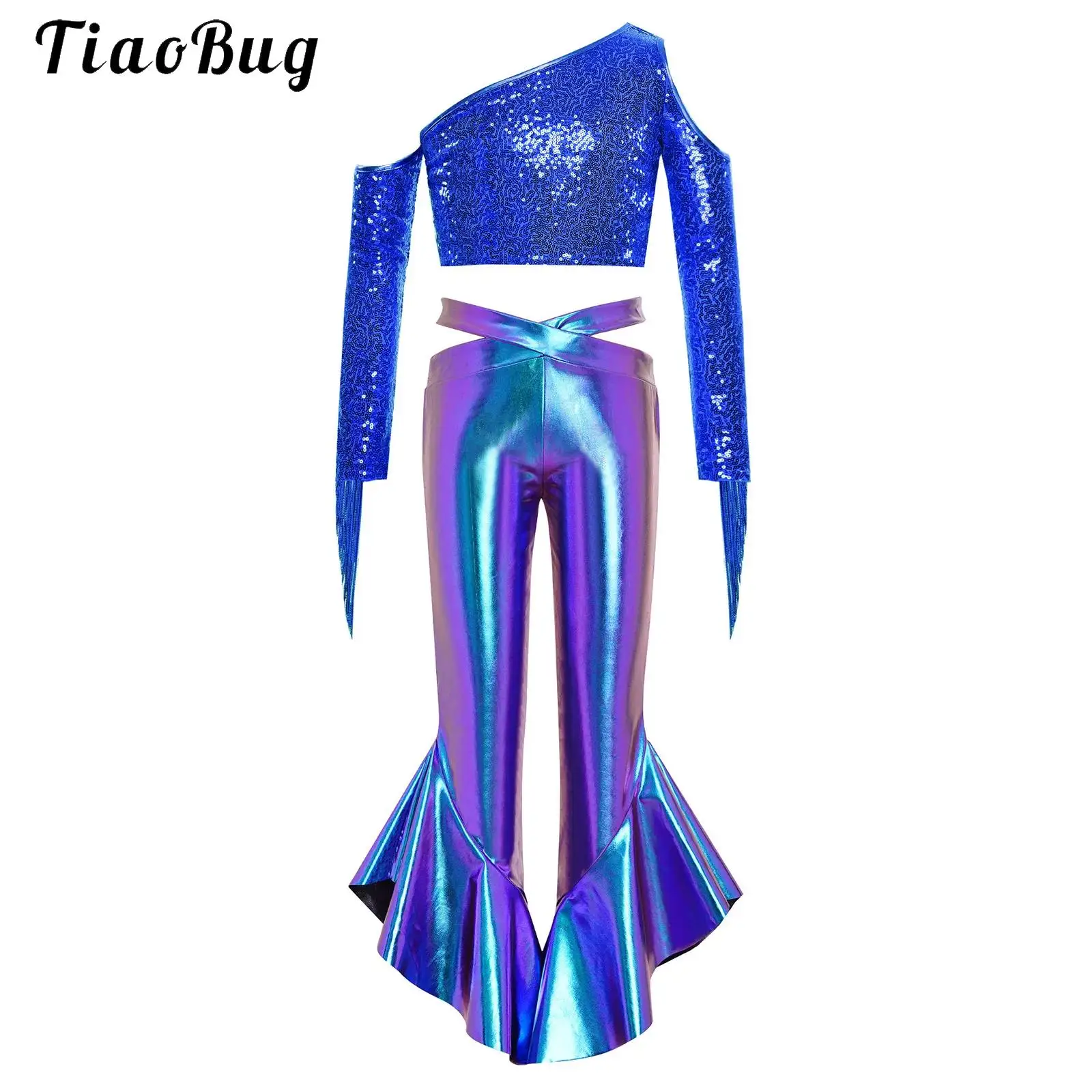 Kids Girls Shiny Disco Jazz Hippe Costume One Shoulder Tassel Sequin Crop Top And Metallic Bell-bottom Trousers Pageant Set