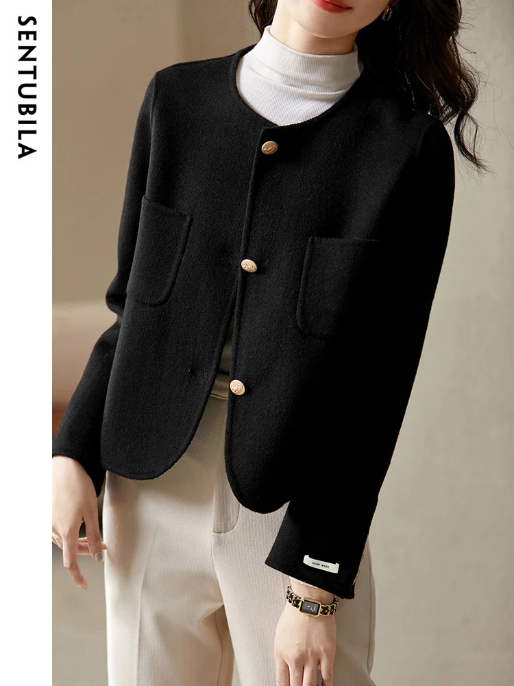 SENTUBILA 100% Wool Coat Woman 2024 Autumn Winter Elegant Single Breasted Round Neck Straight-cut Short Wool Jackets Outerwear