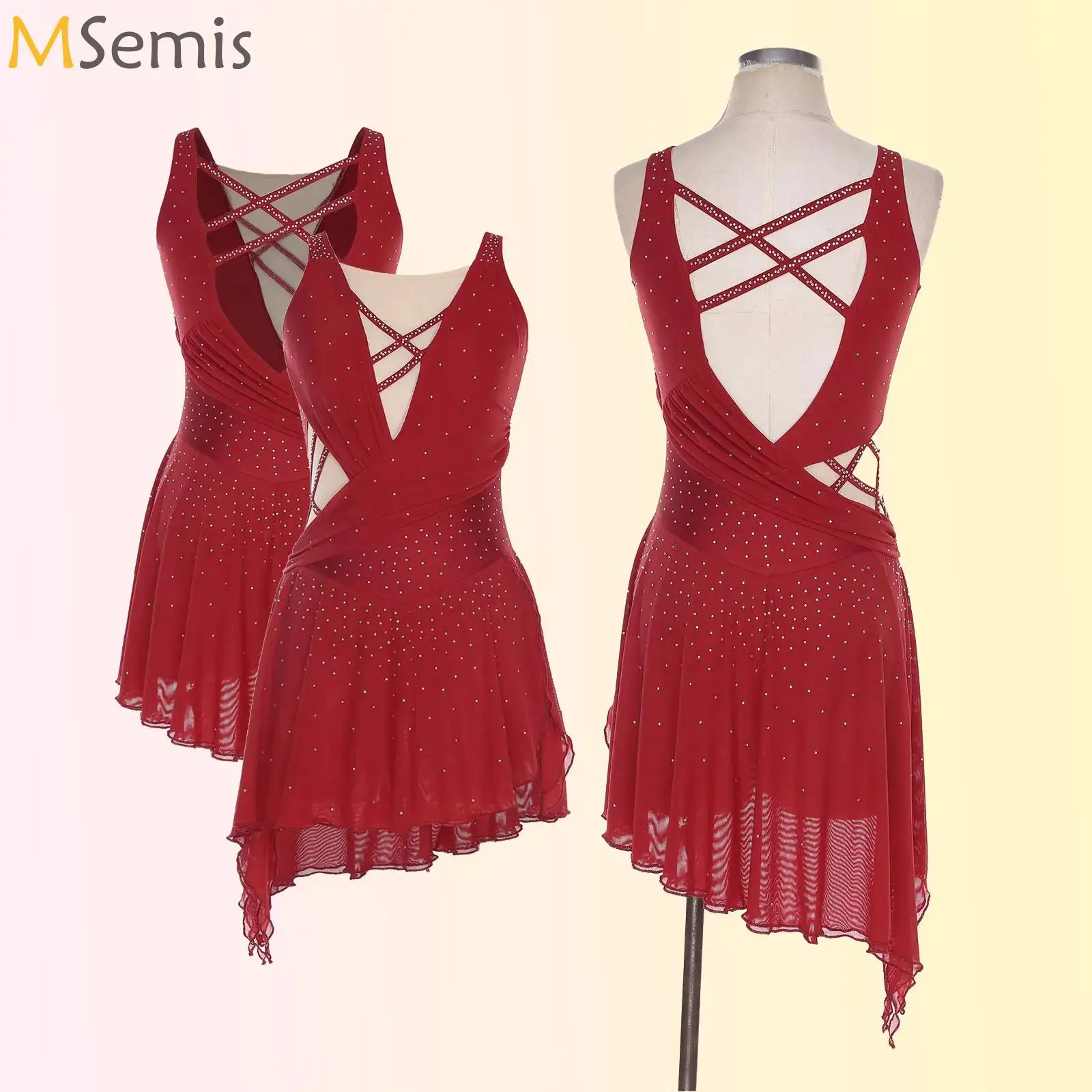 

Women Figure Skating Rhythmic Gymnastics Leotard Dress Asymmetrical Split Shiny Rhinestones Dress Ballerina Performance Costume