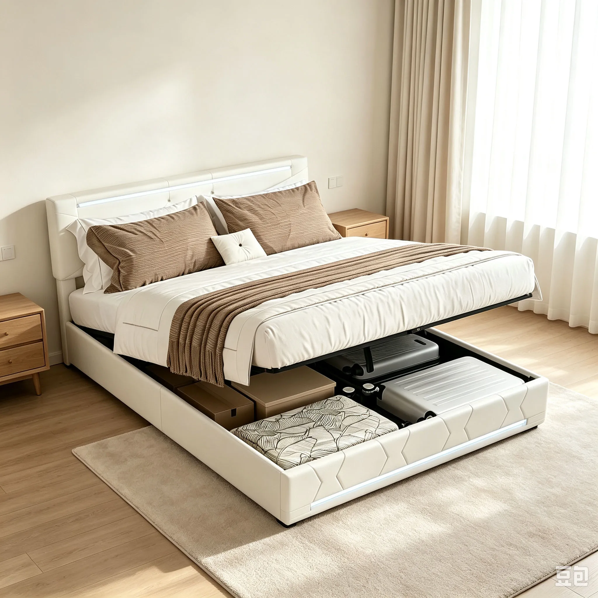 Superaly, Letto Matrimoniale, 160x200cm, Letto Imbottito in Lino con Contenitore, Testiera Beige, Letto a Piattaforma, Letto Idraulico con Vano Contenitore Sotto il Letto, per Arredamento Camera da